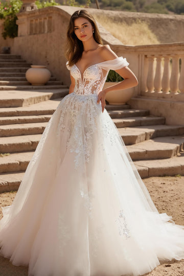 Elegant Ivory A-Line Off The Shoulder Wedding Dress With Appliques